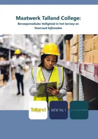 Omslag van het leerwerkboek voor 'Maatwerk' met de titel 'Maatwerk Talland College: Beroepsmodules Veiligheid in het beroep en Voorraad bijhouden'
