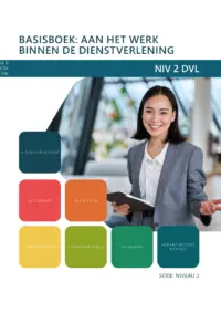 Omslag van het leerwerkboek voor 'Mbo: Dienstverlening (niveau 2)' met de titel 'Basisboek: Aan het werk binnen dienstverlening'