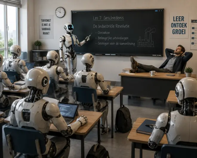 Afbeelding van robots in een klas en een docent die achterover leunt