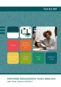 Omslag van de digitale licentie van het leerwerkboek voor 'Mbo: Travel, Leisure & Hospitality' met de titel 'E-Licentie: Performs management tasks (Engelstalig)'