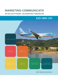 Omslag van het leerwerkboek voor 'Mbo: Keuzedelen' met de titel 'Keuzedeel: Marketing-communicatie (in de luchtvaart- en hospitalitybranche)'