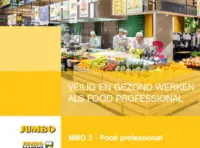 Omslag van het leerwerkboek met de titel 'Maatwerk Jumbo Academy - Veilig en gezond werken als food professional'