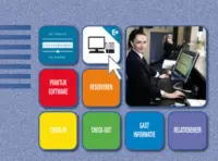 Omslag van de digitale licentie van het leerwerkboek 'Mbo: Ondernemer horeca bakkerij' met de titel 'E-Licentie: Praktijksoftware Hotellerie LodgeGate'
