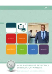Omslag van het leerwerkboek voor 'Mbo: Travel, Leisure & Hospitality' met de titel 'Leidinggevende International Hospitality: Hotelmanagement, Frontoffice en productontwikkeling'