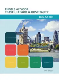 Omslag van het leerwerkboek voor 'Mbo: Travel, Leisure & Hospitality' met de titel 'Engels A2-niveau voor travel, leisure & hospitality'