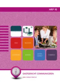 Omslag van de digitale licentie van het leerwerkboek 'Mbo: Ondernemer horeca bakkerij' met de titel 'E-Licentie: Gastgericht communiceren'