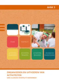 Omslag van het leerwerkboek voor 'Mbo: Travel, Leisure & Hospitality' met de titel 'Allround Hospitality Medewerker: Organiseren en uitvoeren van activiteiten'