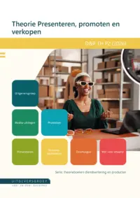 Omslag van het leerwerkboek voor 'Vmbo: Dienstverlening & producten' met de titel 'Theorie Presenteren, promoten en verkopen'