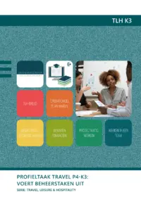 Omslag van het leerwerkboek voor 'Mbo: Travel, Leisure & Hospitality' met de titel 'Kerntaak 3: Voert beheerstaken uit'