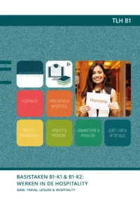 Omslag van de digitale licentie van het leerwerkboek voor 'Mbo: Travel, Leisure & Hospitality' met de titel 'E-licentie: Basistaken B1-K1 & B1-K2: Werken in de hospitality'