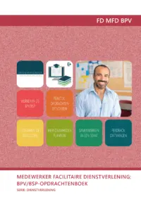 Omslag van het leerwerkboek voor 'Mbo: Facilitair leidinggeven' met de titel 'Medewerker facilitaire dienstverlening: BPV/BSP-opdrachtenboek (niveau 2)'
