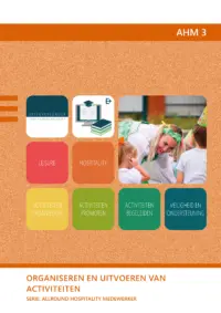 Omslag van het leerwerkboek voor 'Mbo: Travel, Leisure & Hospitality' met de titel 'Allround Hospitality Medewerker: Organiseren en uitvoeren van activiteiten'